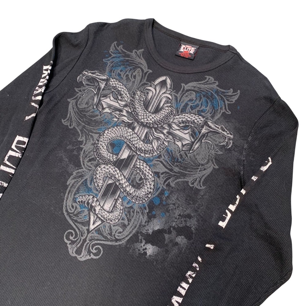 MMA Elite Mens Thermal Shirt Black Snake Dagger Graphic Waffle Knit Medium
